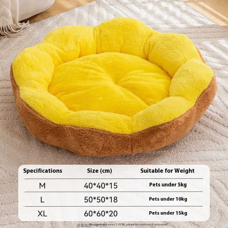 Round thick rabbit plush cat bed with removable cover in yellow brown, shown in L size.