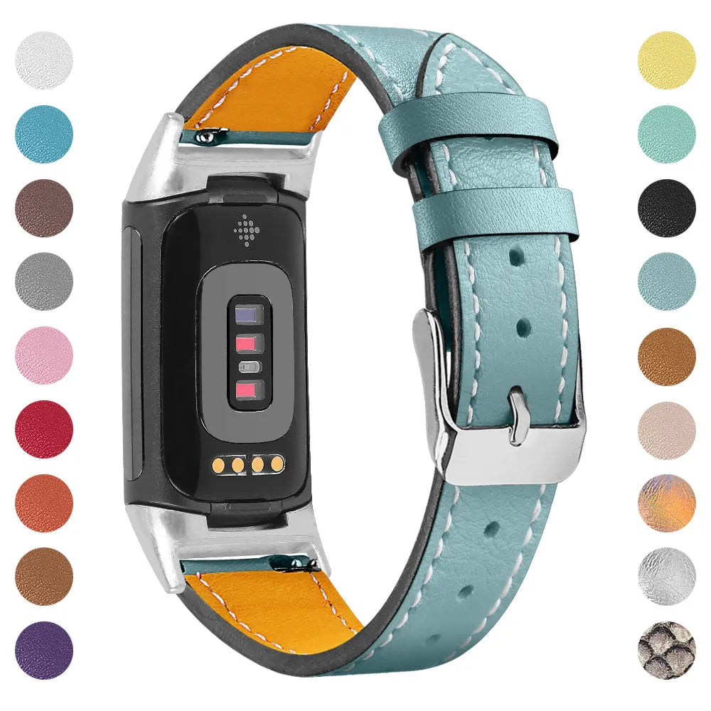 Genuine cowhide leather strap for Fitbit Charge 5 and Charge 6 smartwatch in multiple colour options.