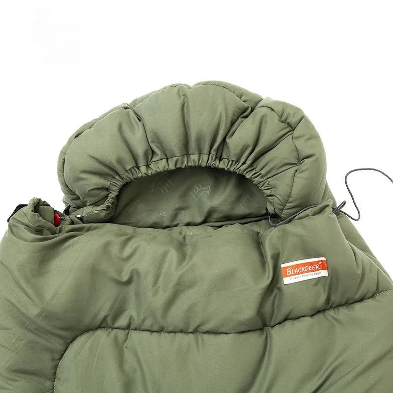 Cotton camping sleeping bag quilt in ochre or olive green colour folded for transport