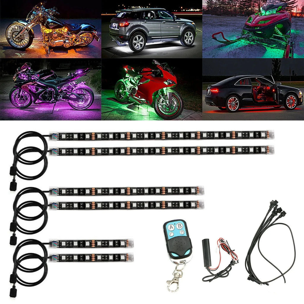 Black silicone RGB LED light bar for cars and motorcycles with wireless remote control receiver.