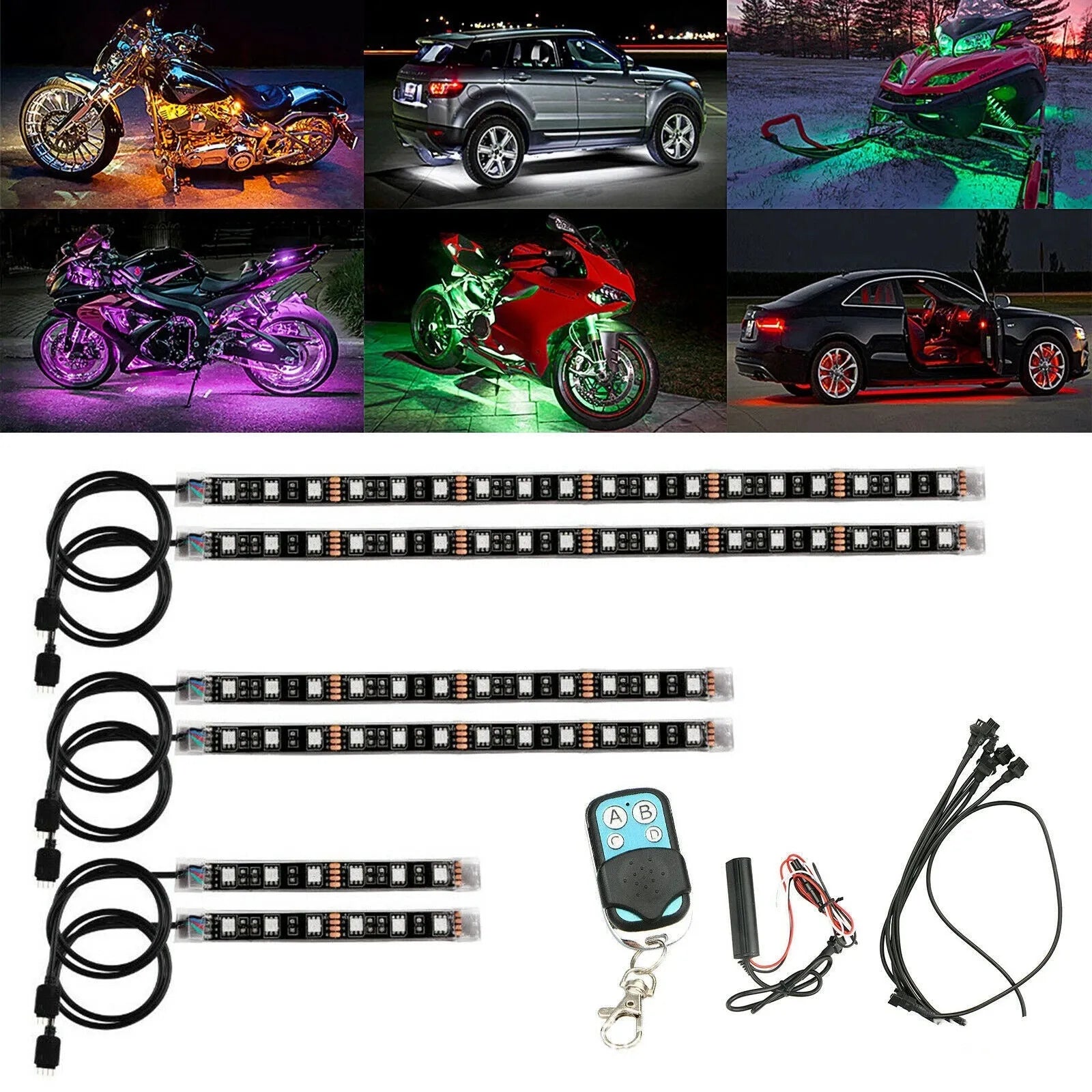 Black silicone RGB LED light bar for cars and motorcycles with wireless remote control receiver.