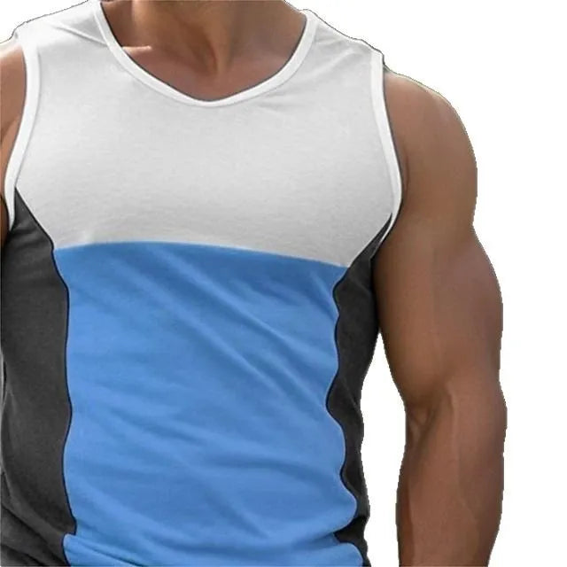 Men's blue cotton blend running vest showing sporty design with European and American sizing options
