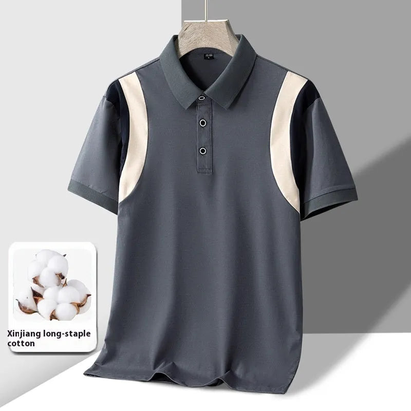 Men's striped cotton t-shirt with business lapel and Korean-style loose fit in summer colours