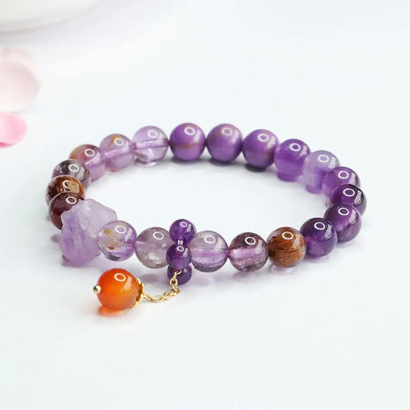 Natural nine purple amethyst crystal bracelet with red agate stones and 8mm beads