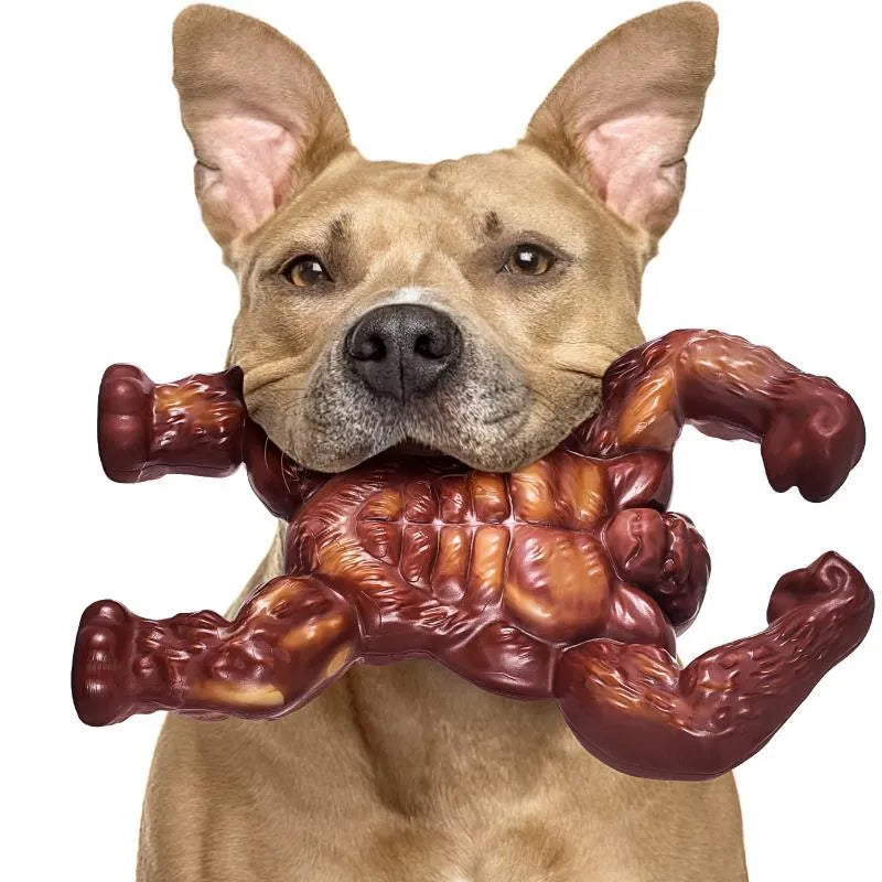 Scarlet red nylon dog chew toy with beef flavour, shown next to a measuring tape indicating 10.7 by 17.2 cm size.