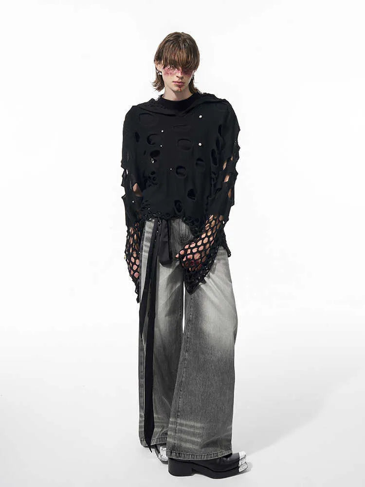 Black men's hoodie with pearl decorative trim and hollow knit construction