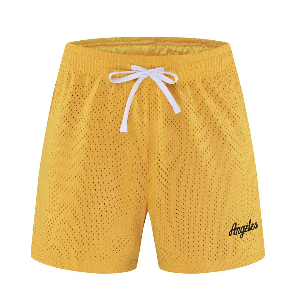 Men's personalised double-layer mesh sports shorts in multiple colours on a size chart.
