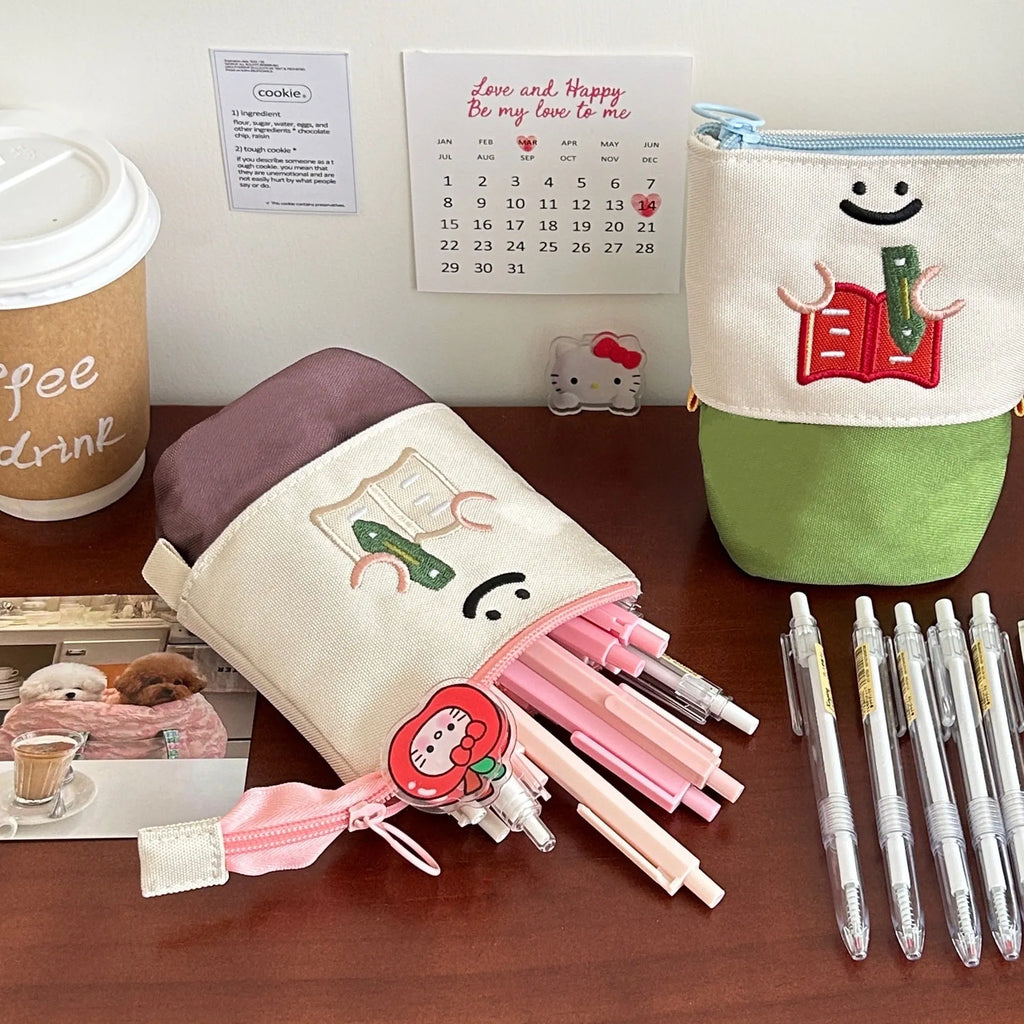 Korean-style cartoon collapsible pencil case in brown or green oxford fabric
