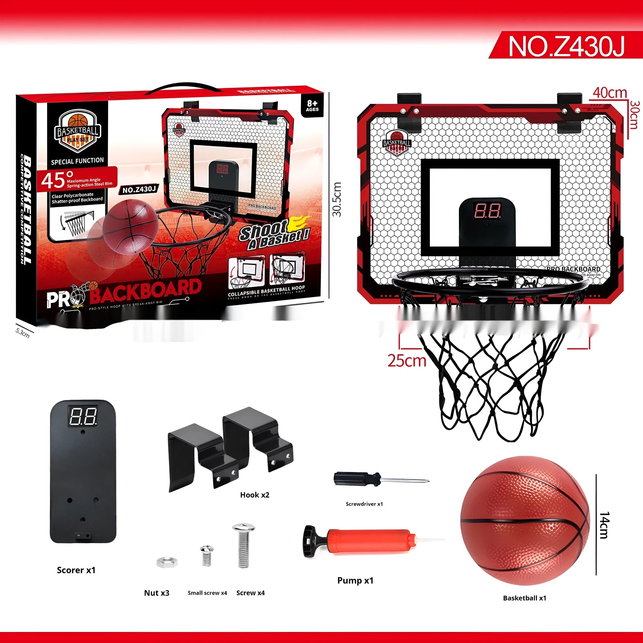 Red foldable indoor basketball hoop with suction cup mount showing dunk scoring and ball rack functions