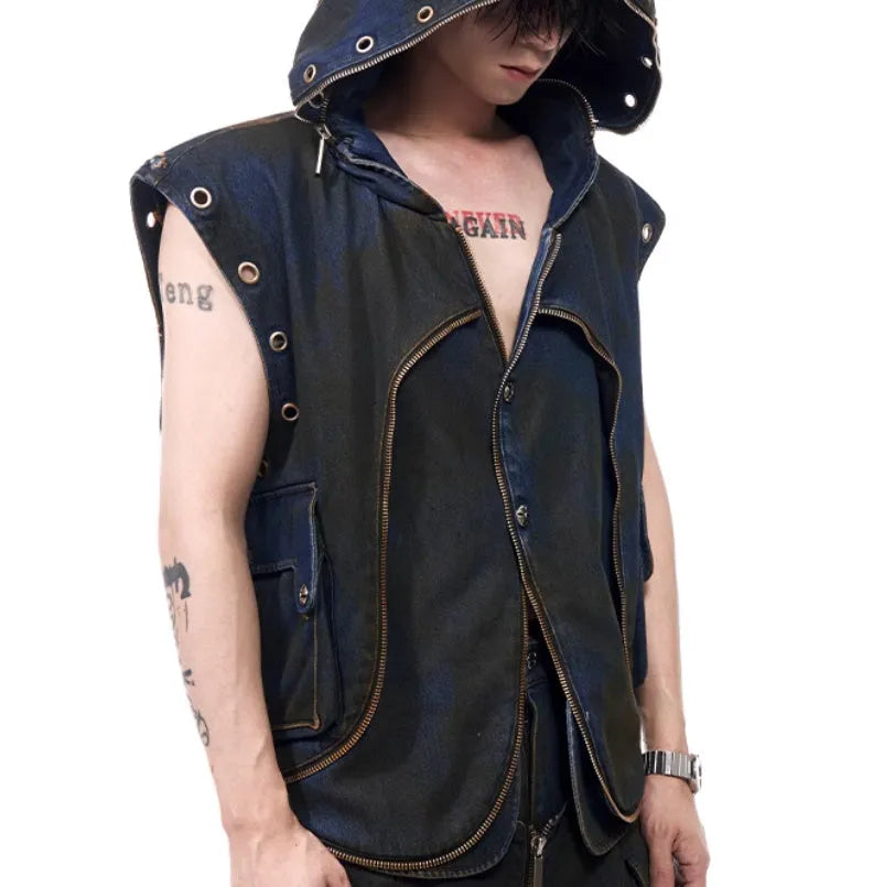 Blue hooded denim vest coat and matching trousers set on a man, showing Korean style fit.