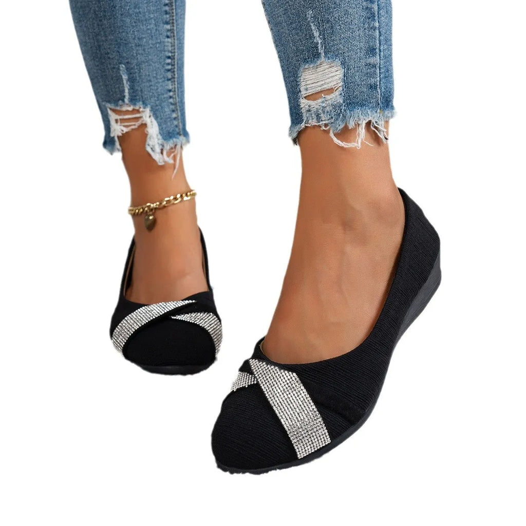 Black women's casual slip-on shoes with rhinestone decoration on fabric upper and chunky heels