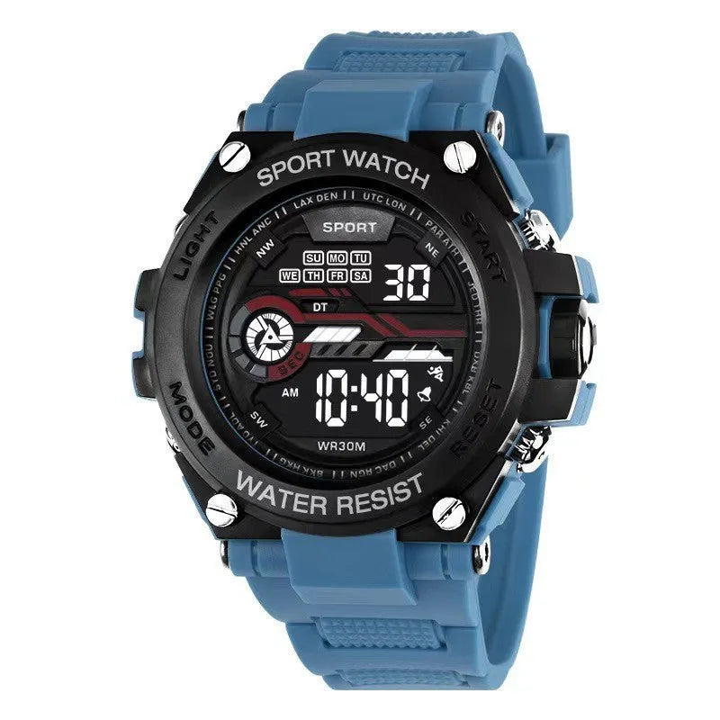 Fashion electronic digital watch with silicone strap shown in one of 10 available colours.