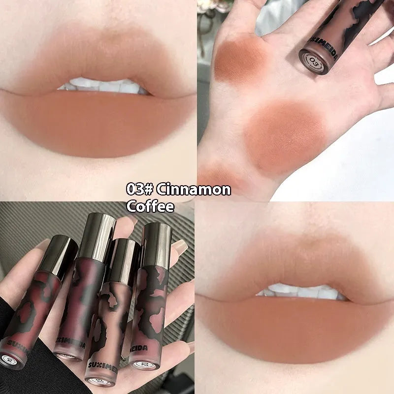 Matte lip mud lipstick tube showing five colour shades including orange brown coffee and cool grey