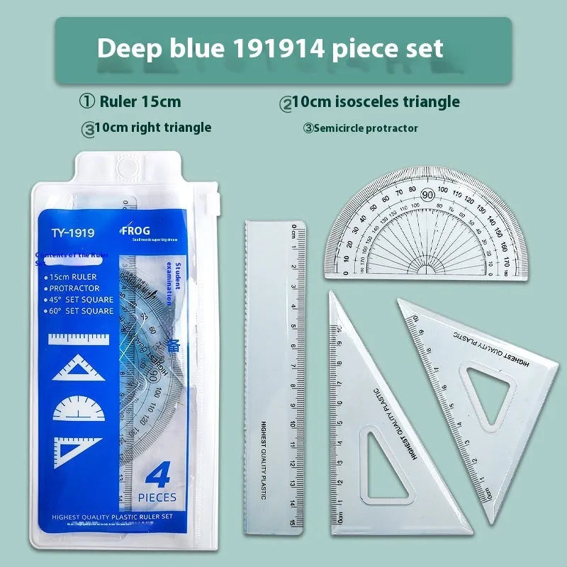 Transparent acrylic ruler set with square and protractor tools for drawing and geometry measurement