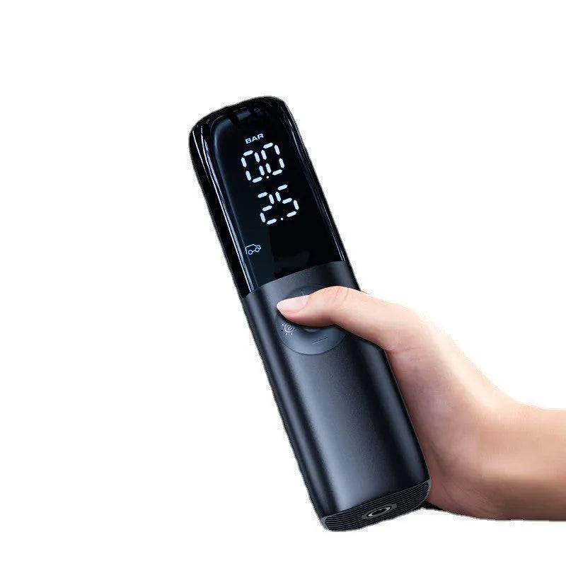 Black portable electric vehicle air pump with integrated pressure gauge and ABS construction