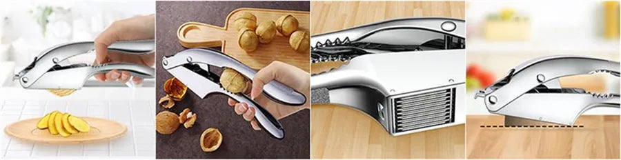 Two-in-one aluminium alloy garlic press with silicone peeler cleaning brush on a kitchen surface