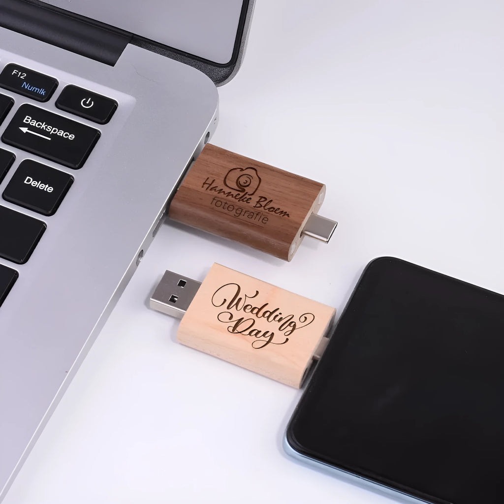 Wooden USB flash drive with carved maple box and USB-C connector for mobile phones