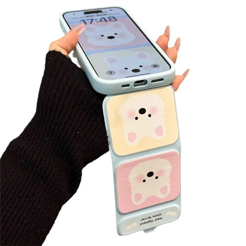 White TPU phone case with cartoon blush West Highland print and foldable bracket for iPhone