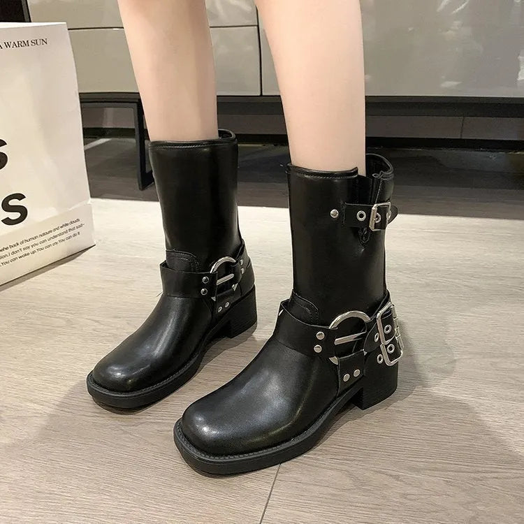 Women's platform boots with belt buckle detail in middle calf length, black and brown colour options