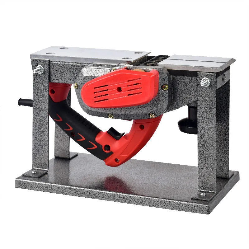 Red aluminium shell electric wood planer tool with 82mm planing width on a workbench.