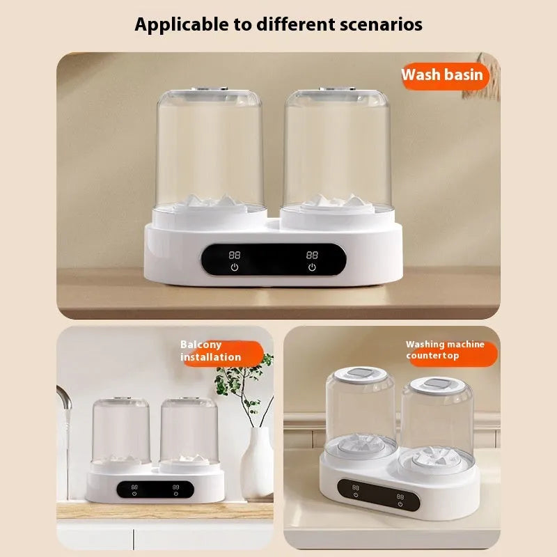 White USB-powered mini double bucket laundry cup for washing underwear and small garments.