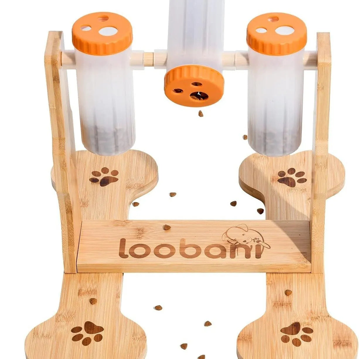 Wooden dog puzzle toy measuring 31x30x20cm with interactive snack dispenser compartments