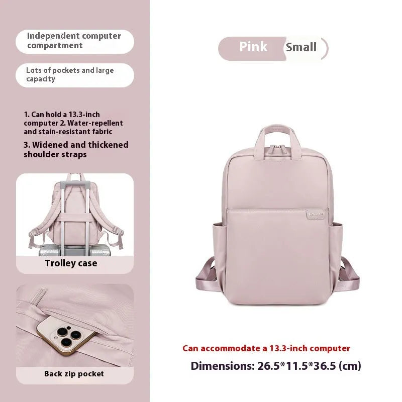 Simple canvas women's travel backpack in apricot colour with multiple compartments and sandwich pocket