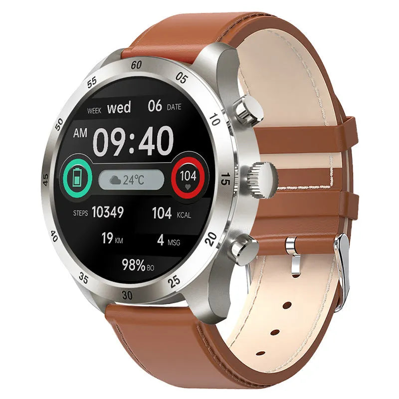 Black smart watch with touch screen displaying heart rate and call functions