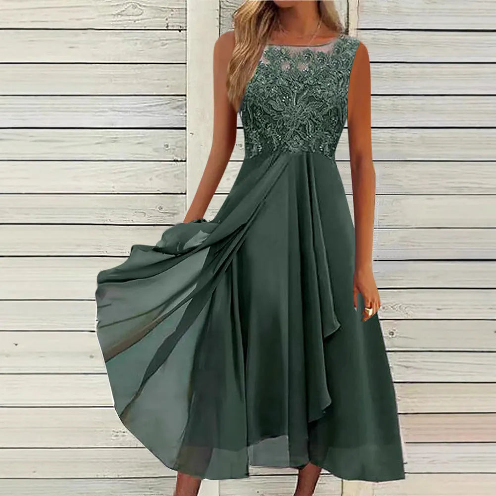 Women's sleeveless chiffon dress with lace stitching in green, purple or blue colours