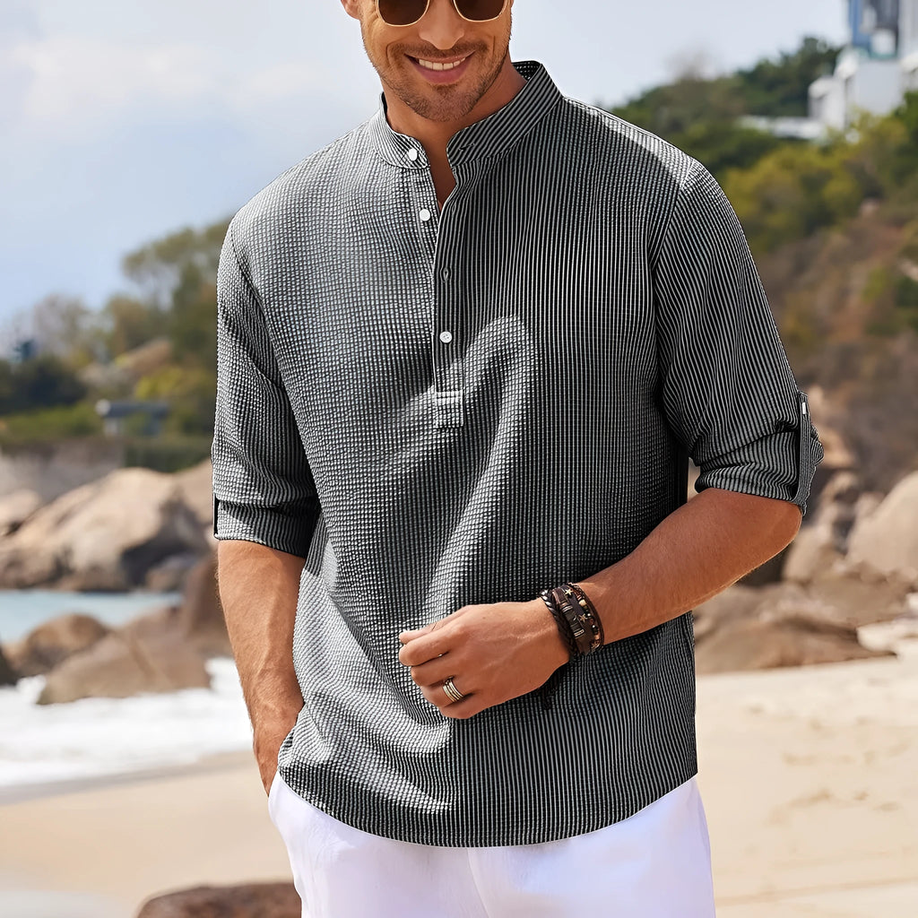Men's casual shirt with stand collar, long sleeves, and solid colour design in khaki