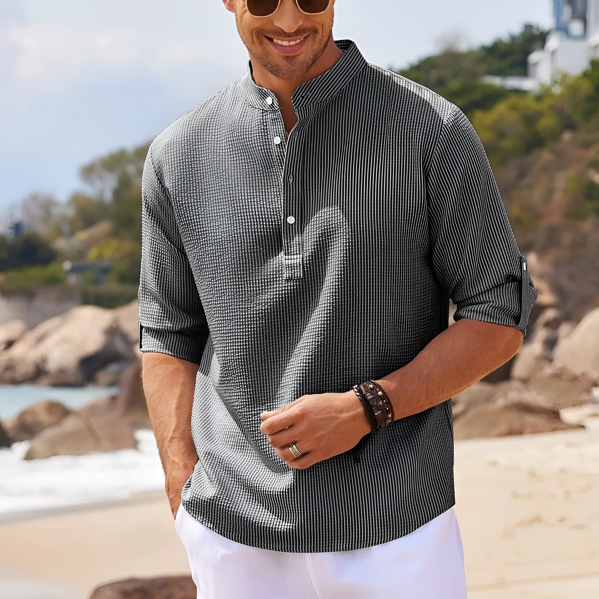 Men's casual shirt with stand collar, long sleeves, and solid colour design in khaki