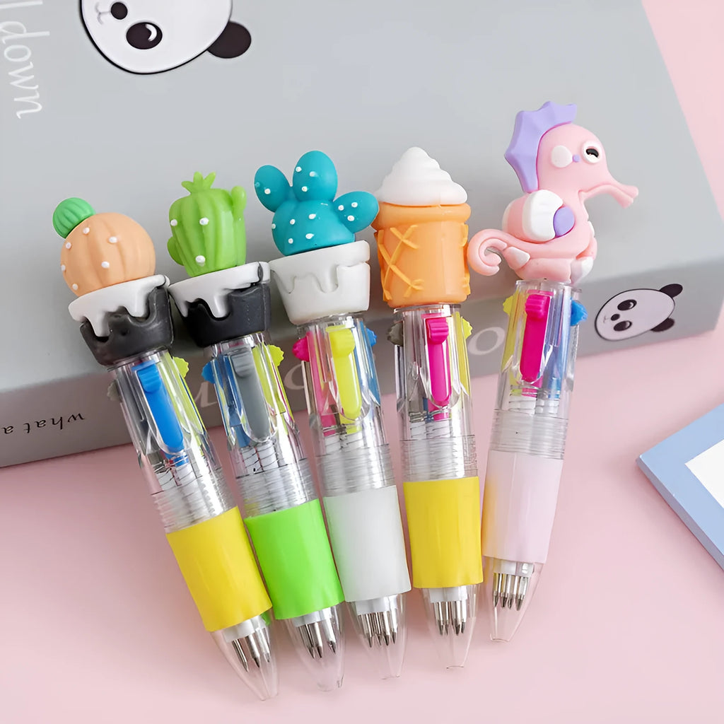 Four-colour press ballpoint pen with random cartoon design showing cactus, fast food, fruit, heart wing or seahorse theme