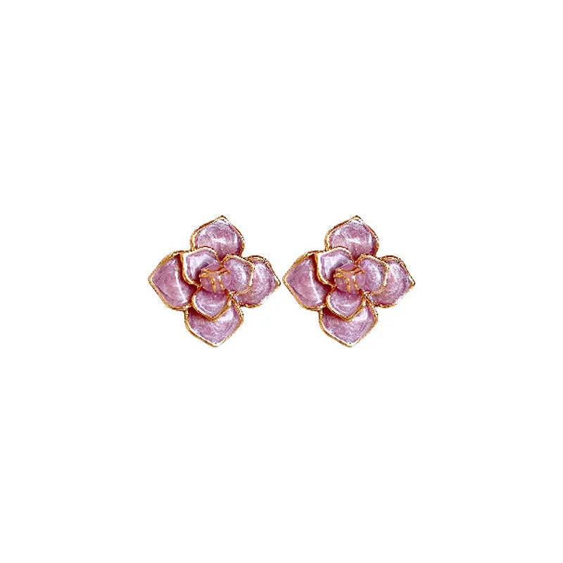 Purple oil-spot glaze flower stud earrings with gold-plated silver needle design on copper base