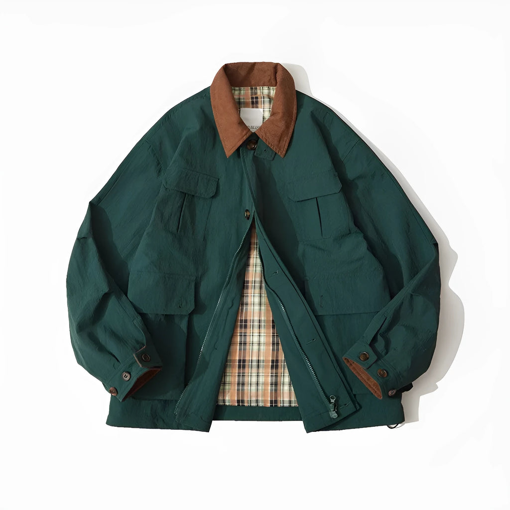 Green and apricot casual jacket with side seam pockets, long sleeves, and solid pattern