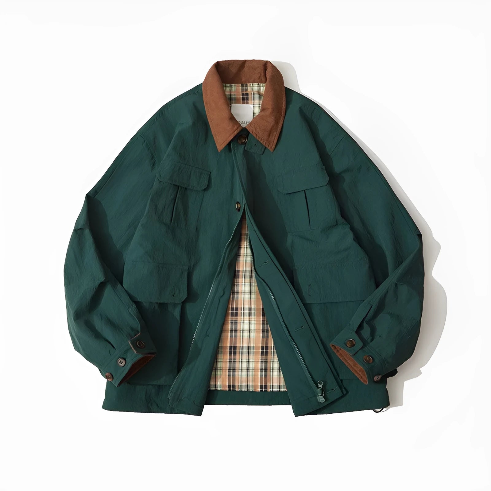 Green and apricot casual jacket with side seam pockets, long sleeves, and solid pattern