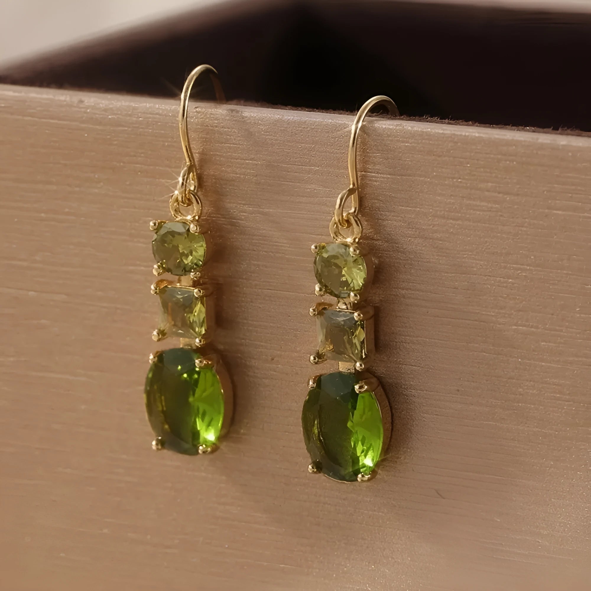 Green copper geometric earrings with quadrilateral shape, minimalist bohemian style