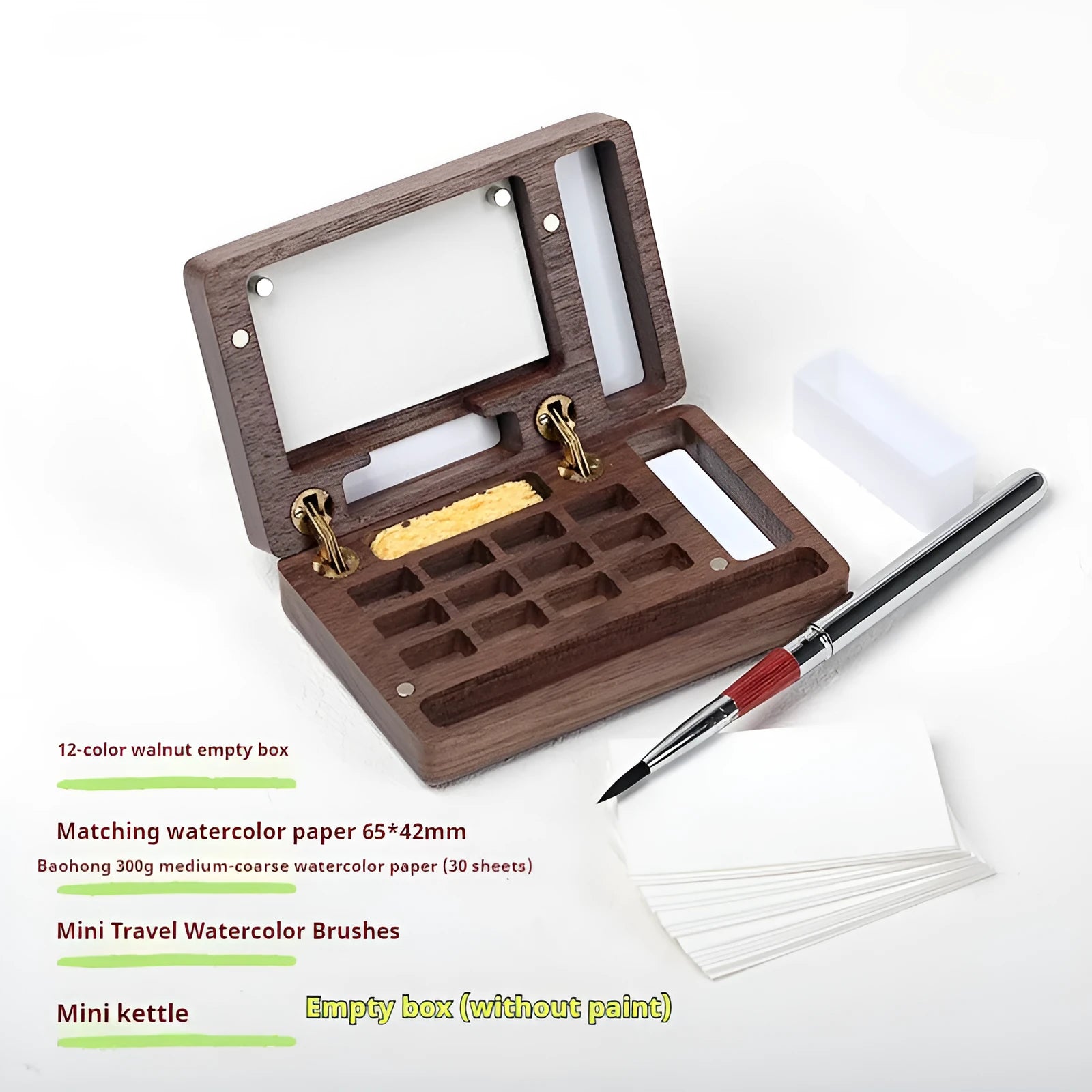 Mini wooden watercolour paint box with pigment suit inside, closed lid showing walnut-colour finish