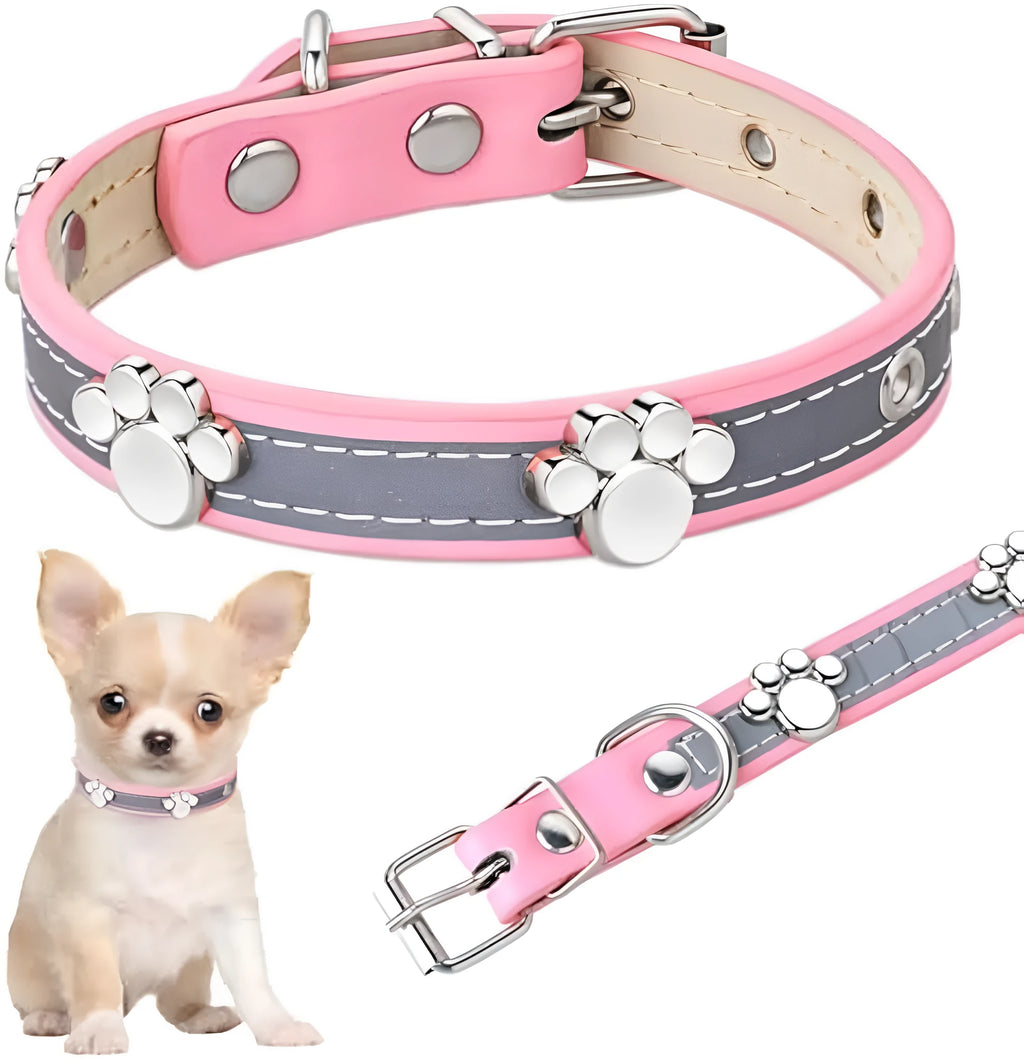 Reflective adjustable dog collar with paw-shaped rivets on PU leather in multiple sizes