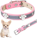 Reflective adjustable dog collar with paw-shaped rivets on PU leather in multiple sizes
