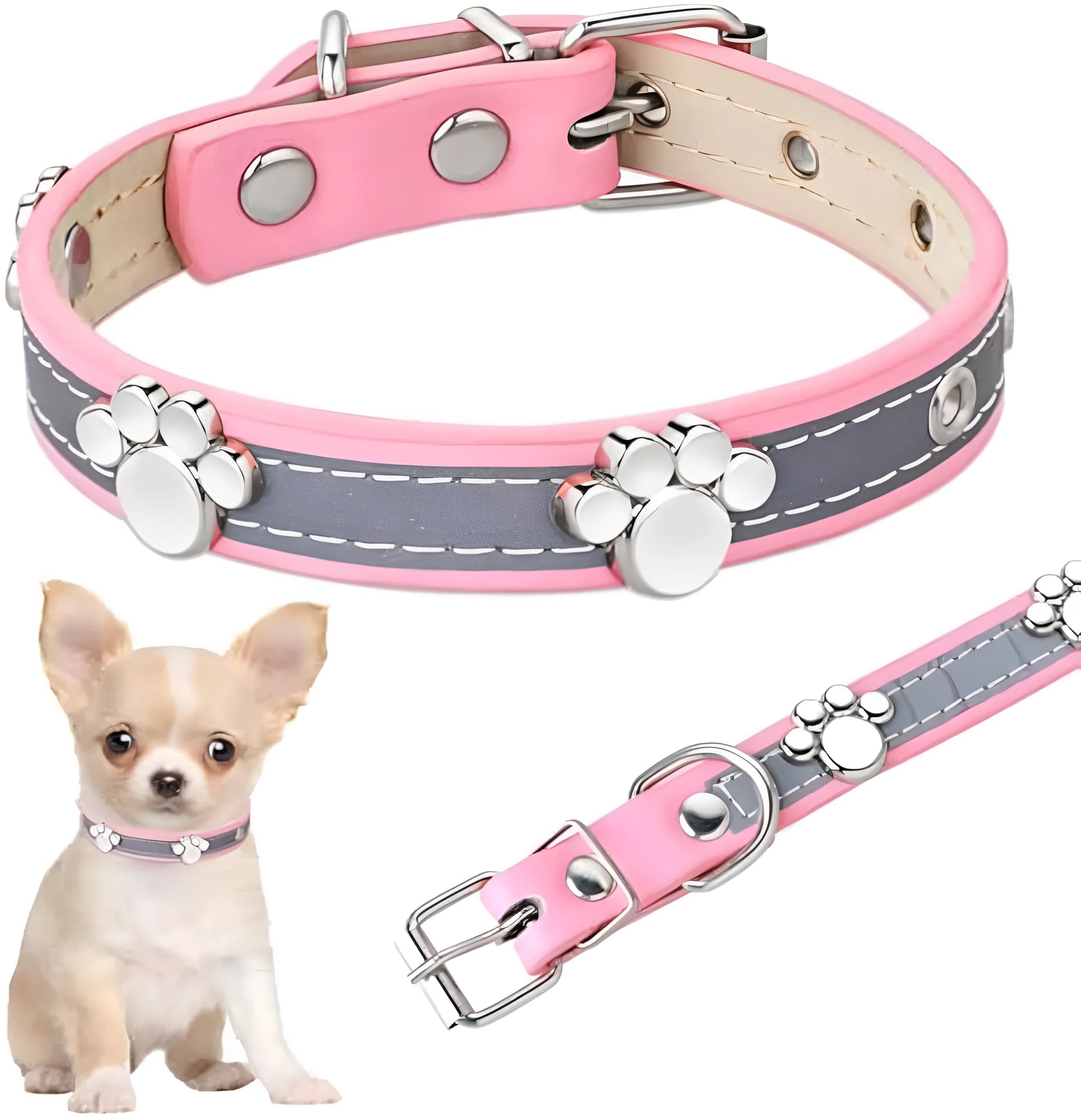 Reflective adjustable dog collar with paw-shaped rivets on PU leather in multiple sizes