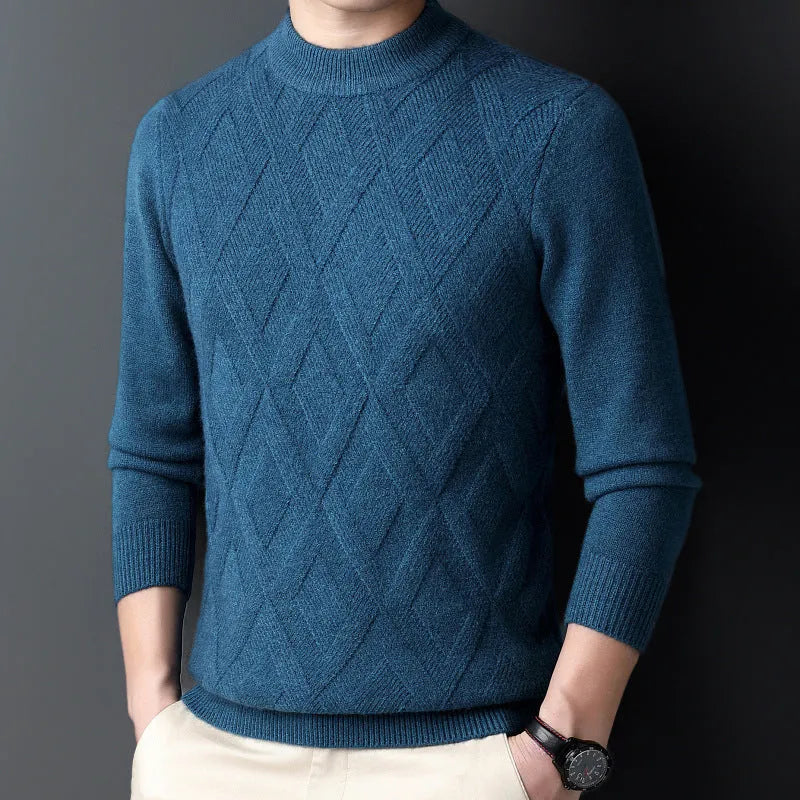 Men's thick diamond jacquard winter sweater in wool blend shown in light camel colour
