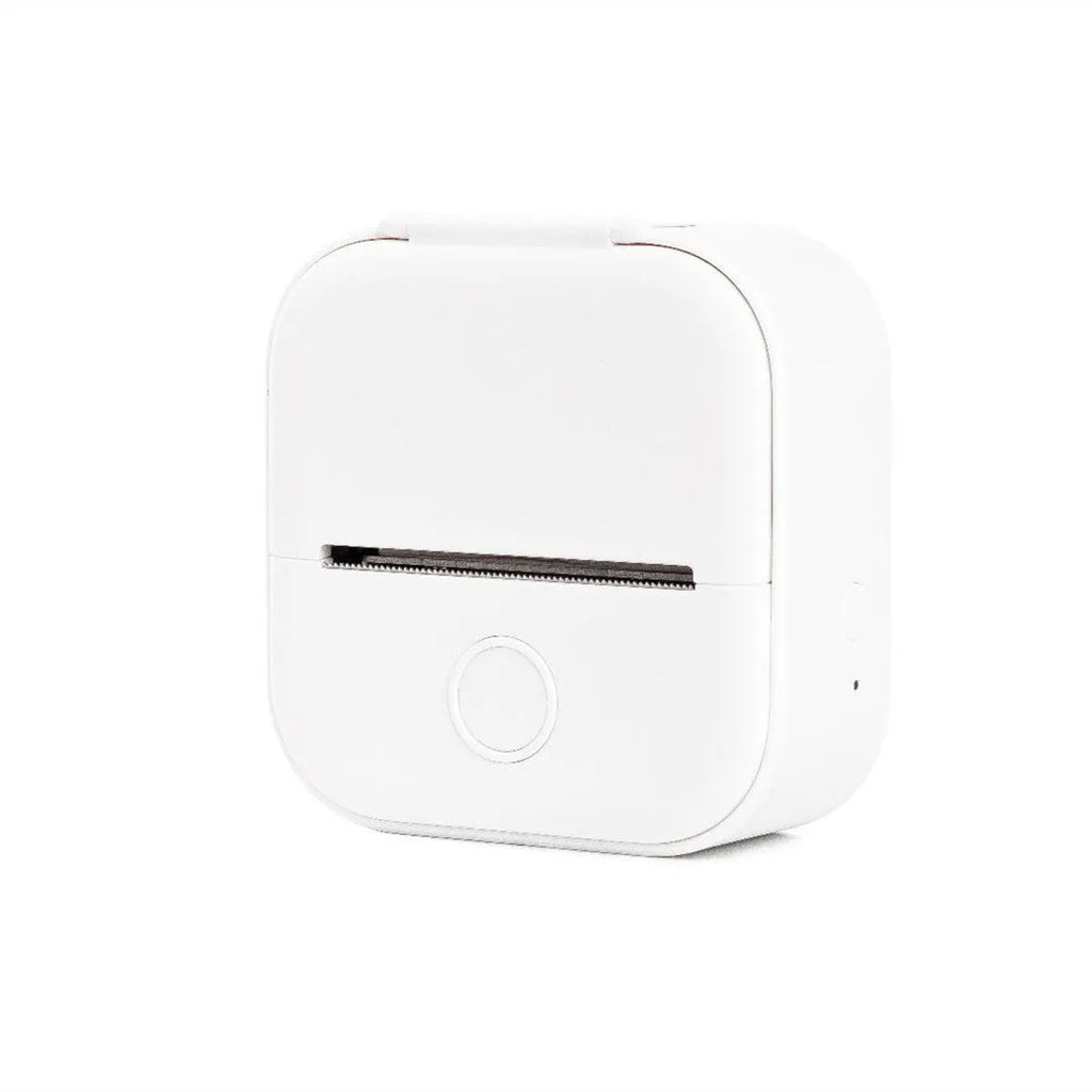 Phomemo T02 mini thermal label printer in white with Bluetooth icon and thermal paper roll, compact 87mm x 90mm x 40mm