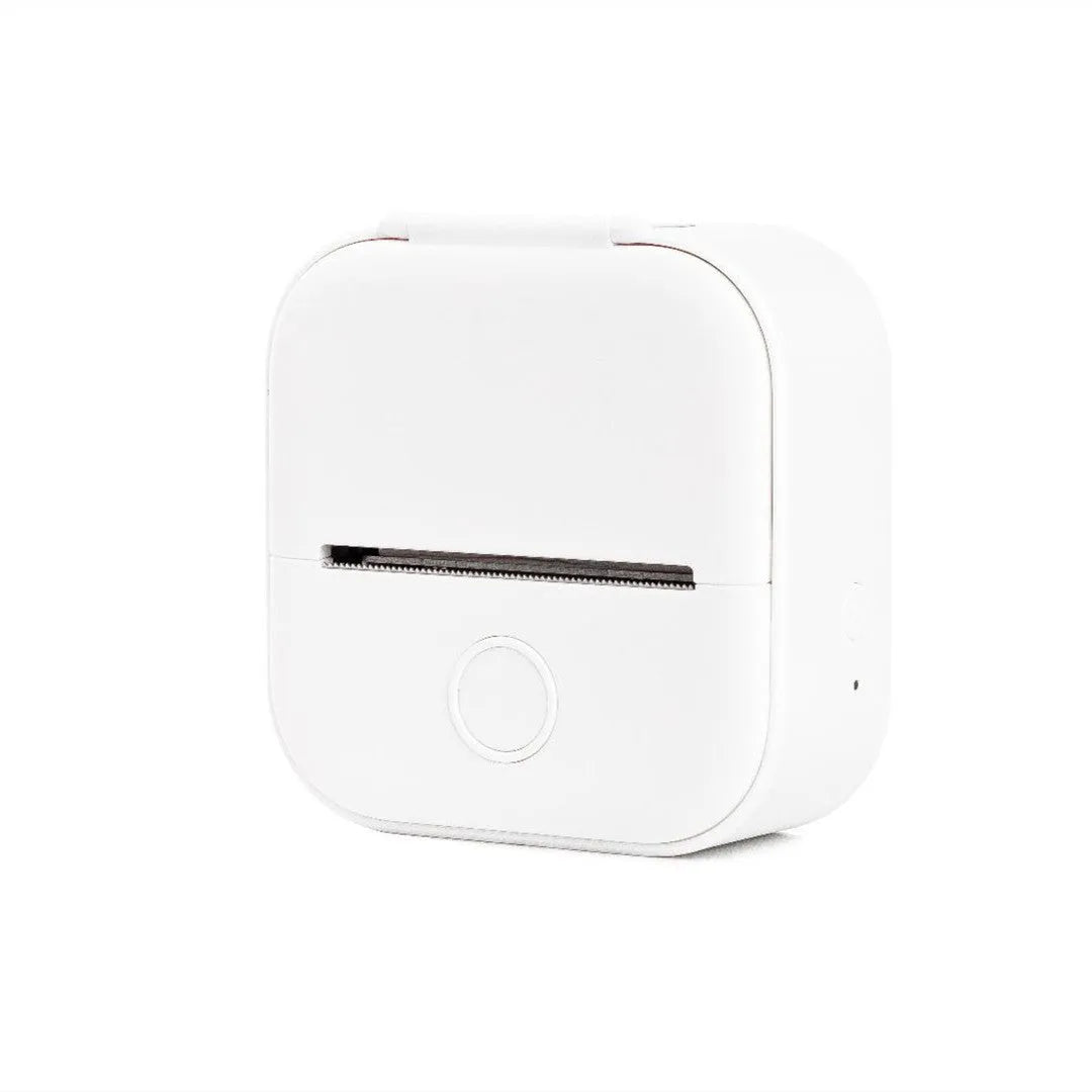 Phomemo T02 mini thermal label printer in white with Bluetooth icon and thermal paper roll, compact 87mm x 90mm x 40mm