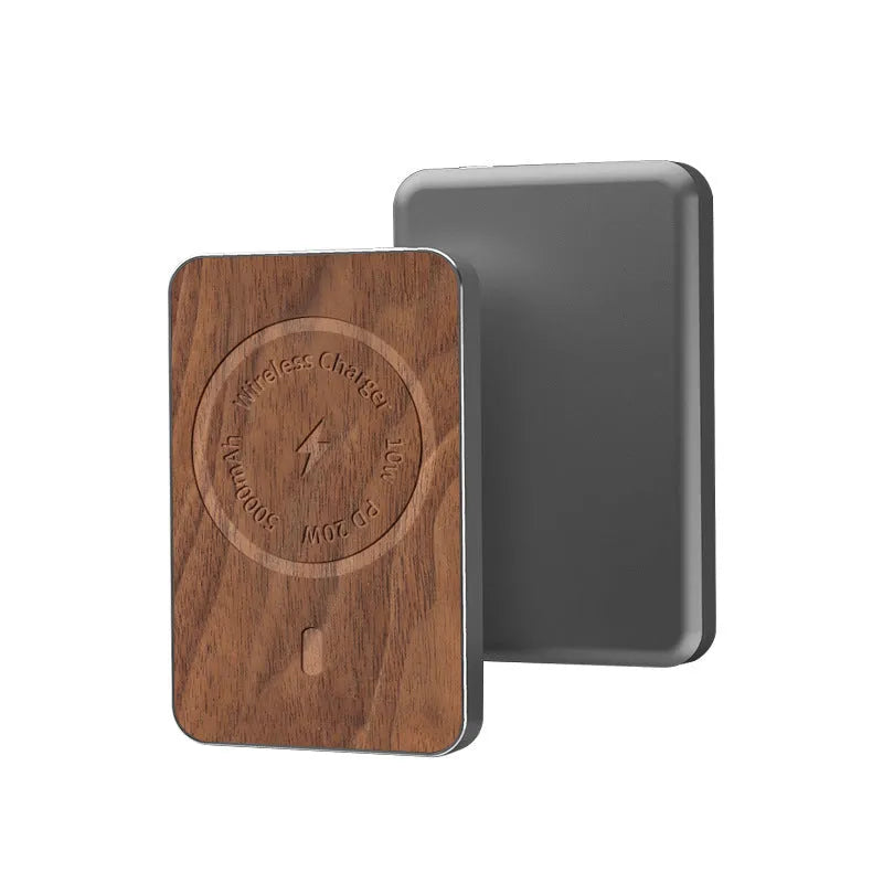 Khaki magnetic wireless charging bank 5000mAh with alloy shell and USB port