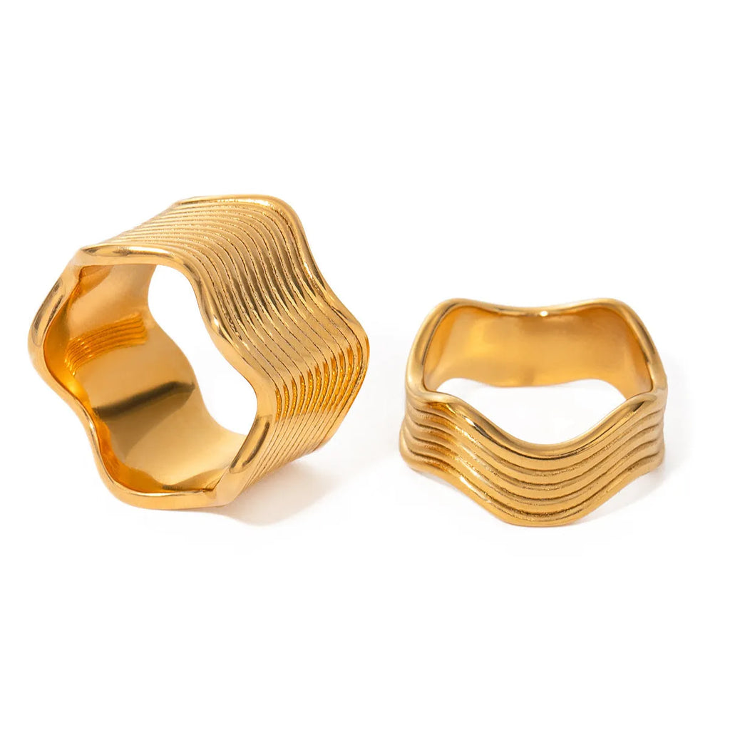 Stainless steel wide surface wave ring with geometric design in Korean style colours