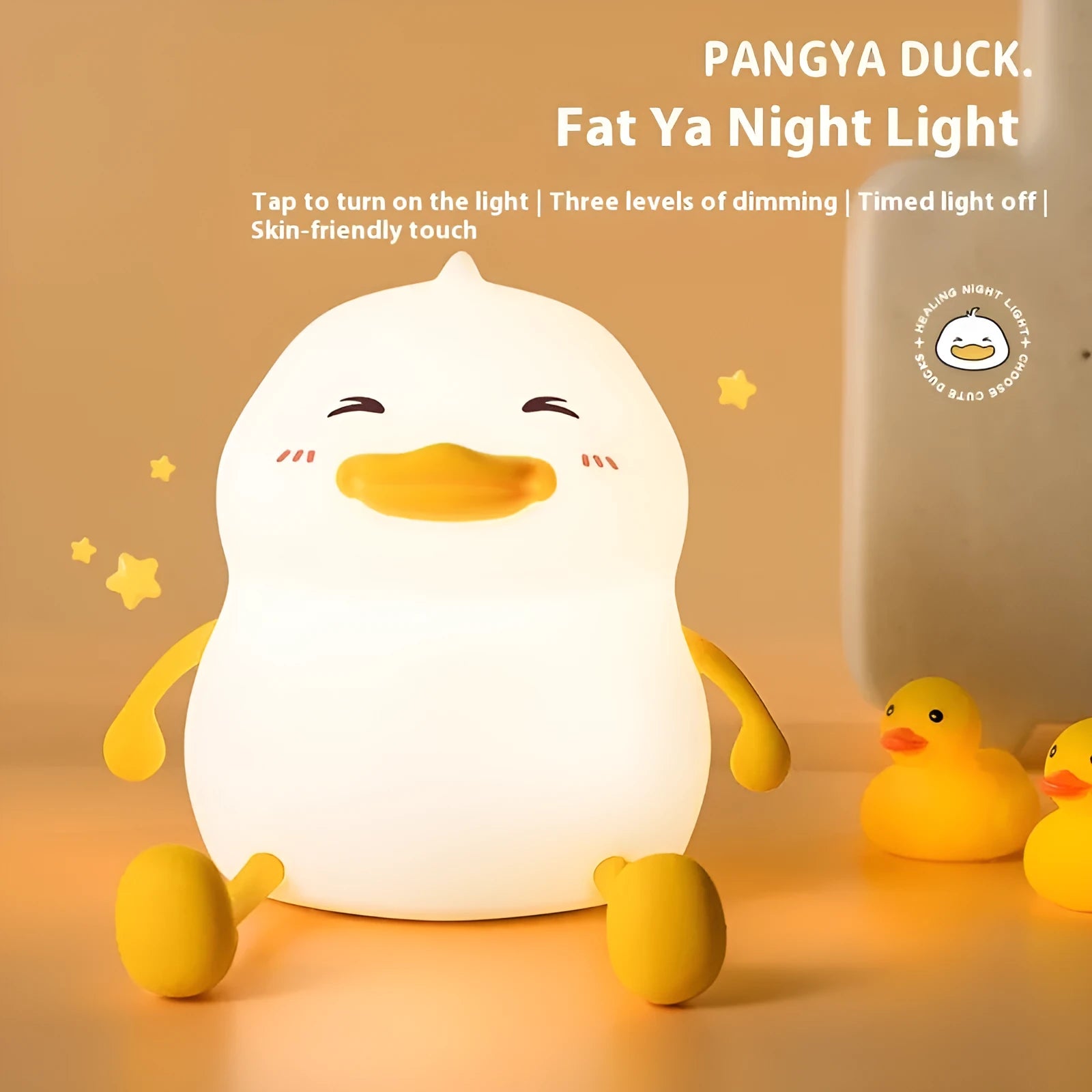 Chubby silicone night light with phone holder, showing dimensions 108x104x128mm