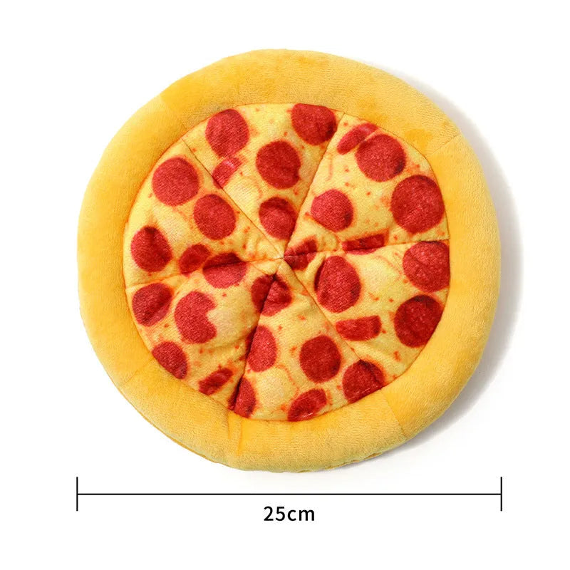 Yellow pizza-shaped squeaky dog toy for teeth grinding and chewing