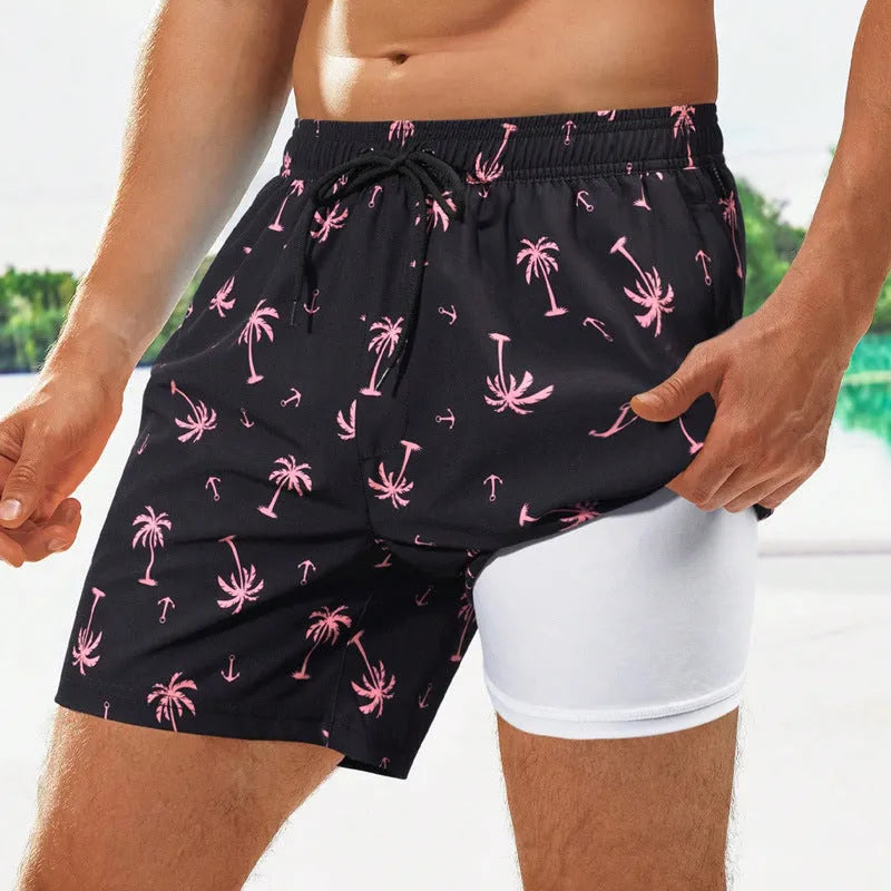 Men's loose floral pattern swimming trunks in quick-drying spandex fabric