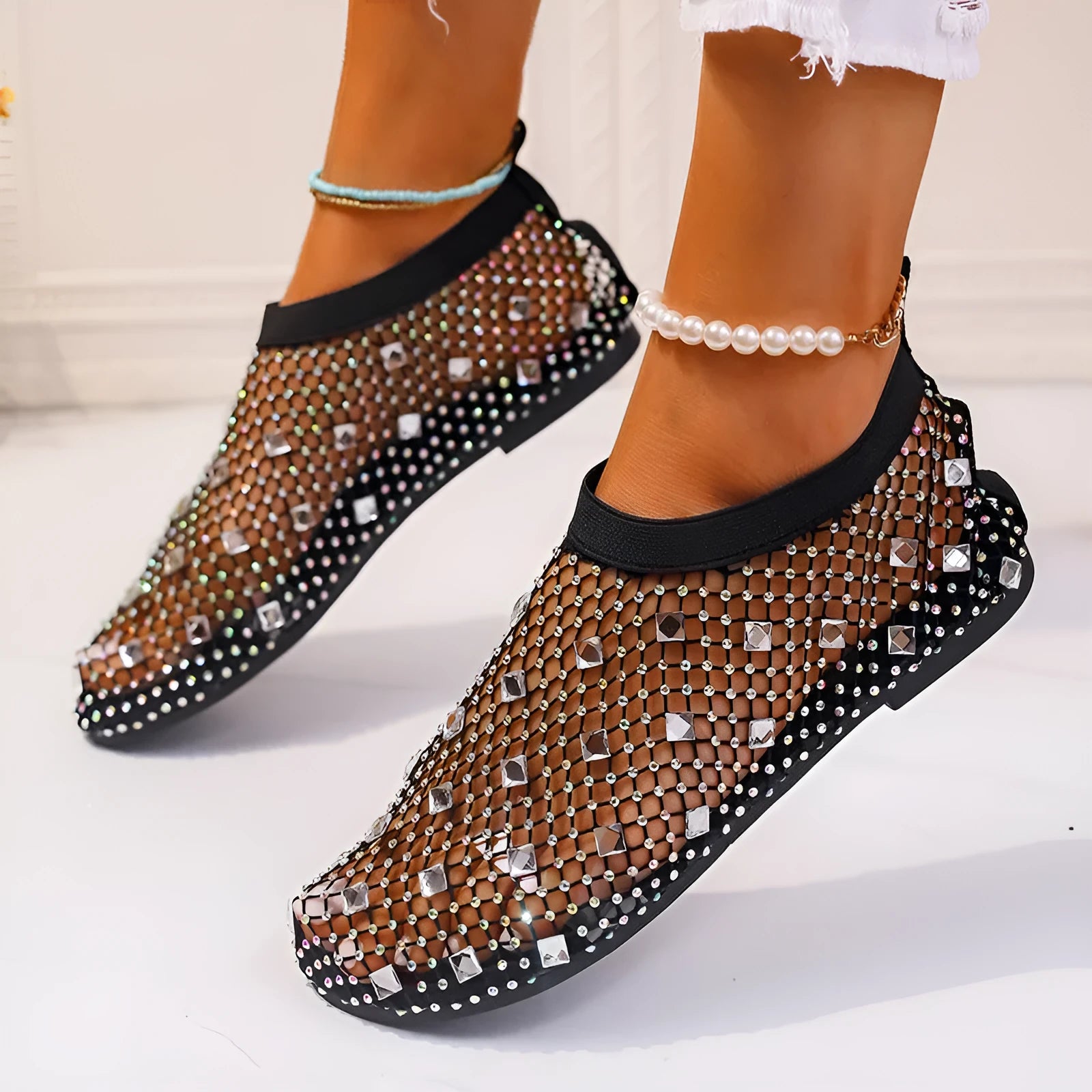 Women's colourful rhinestone decorated mesh flat sandals with round toe and rubber soles