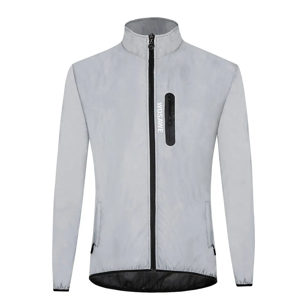 Silver waterproof polyester long sleeved top shown on a hanger.